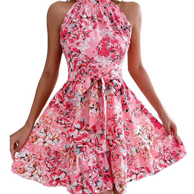 Ladies' festive floral dress with high-neck design and elegant hem Ivyshape