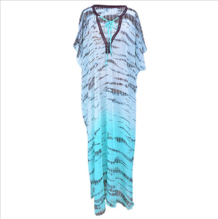 Women's airy beach kaftan with elegant wave pattern and side slit Ivyshape