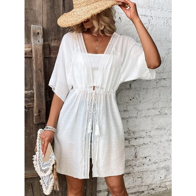 Women's beach tunic with elegant tie belt and lace accents Ivyshape