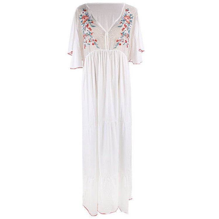 Women’s maxi dress with floral embroidery and voluminous sleeves Ivyshape