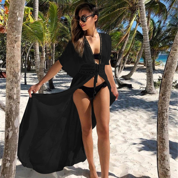 Women elegant transparent beach cover-up with artistic crochet accents Ivyshape