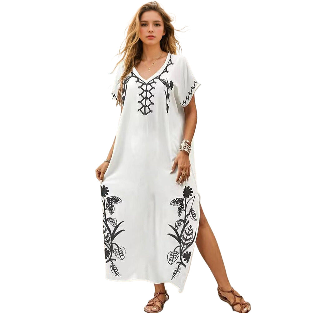 Women's beach dress with elaborate floral embroidery Ivyshape