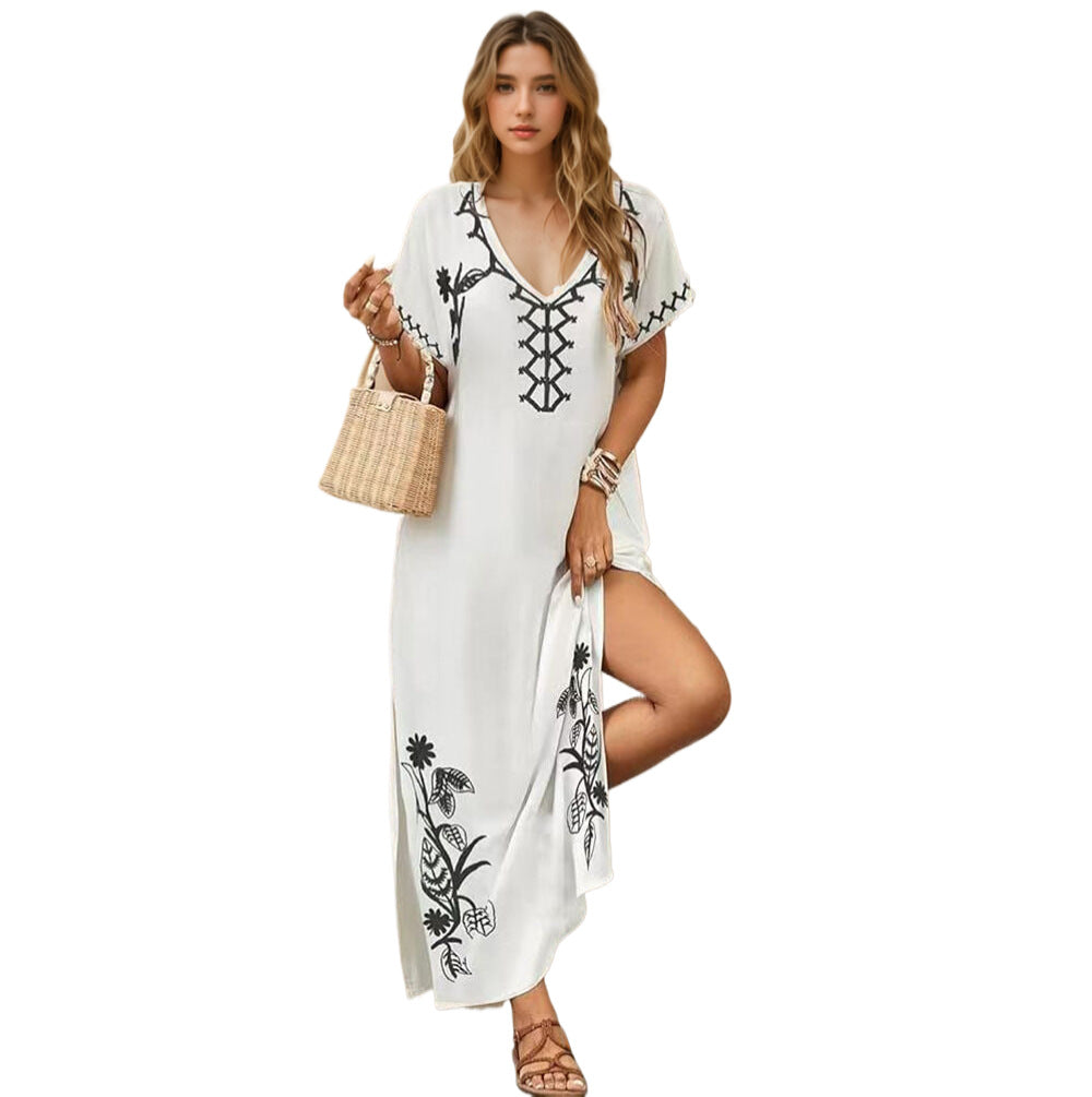 Women's beach dress with elaborate floral embroidery Ivyshape