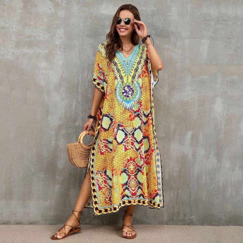 Ladies kaftan dress with majestic animal motif and side slits Ivyshape
