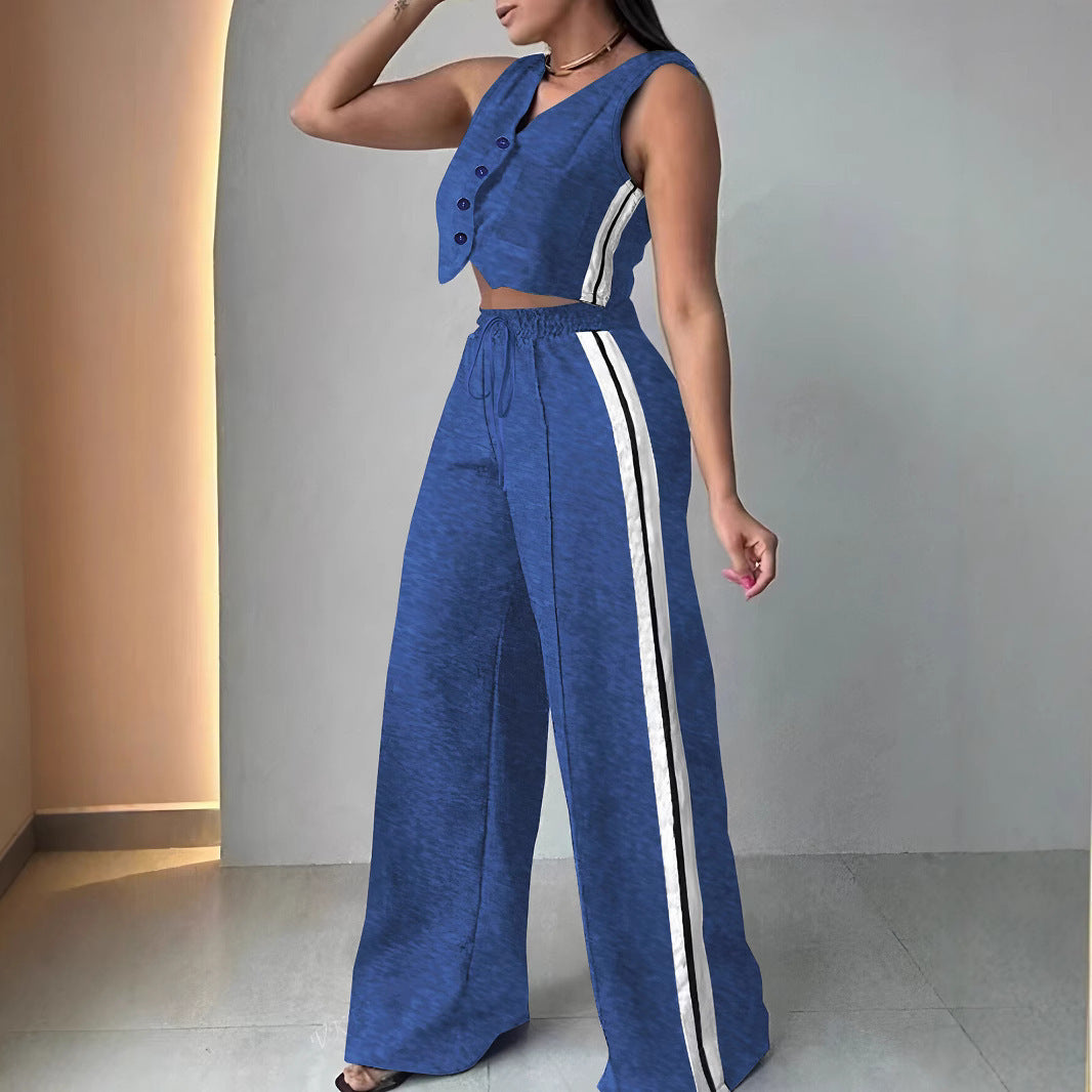 Ladies casual two-piece set with cropped top and wide-cut pants Ivyshape