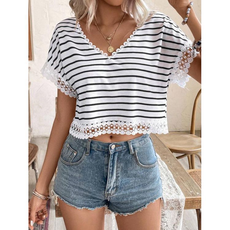Ladies short sleeve blouse with lace trim and striped pattern Ivyshape