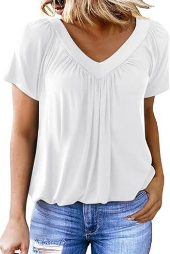 Women Pleated V-Neck Casual Top Ivyshape