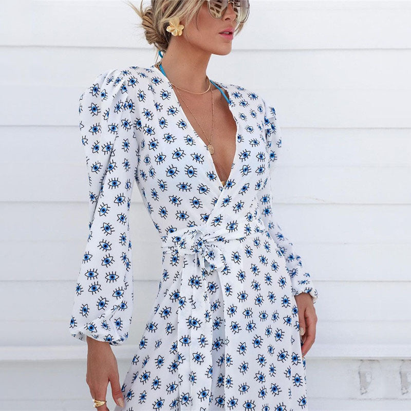 Women's maxi dress with floral wrap design and puff sleeves Ivyshape