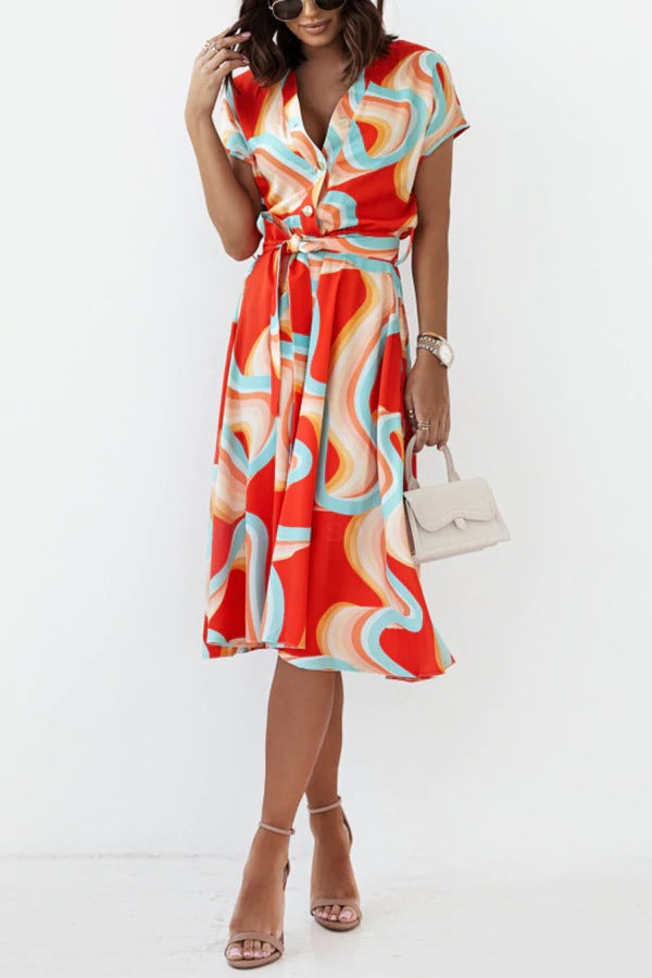 Women's maxi dress with modern geometric cut and waist belt Ivyshape