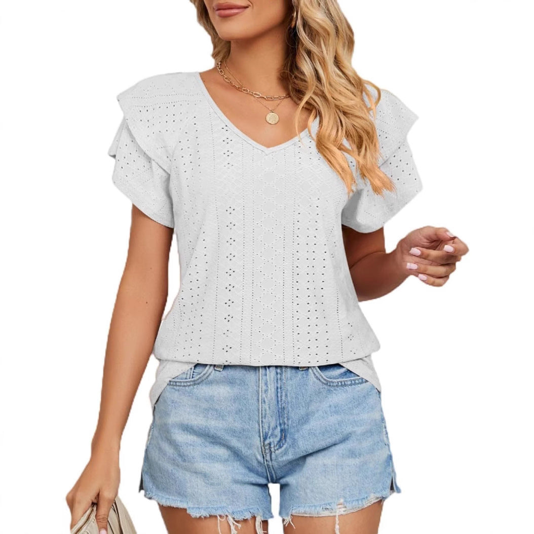 Women Broderie Anglaise V-Neck Top Ivyshape