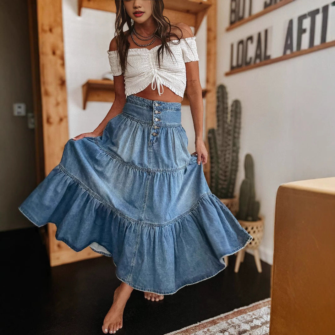 Isla - Gonna midi in denim con ruches
