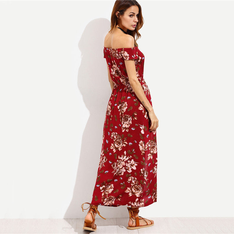 Ladies Off-Shoulder Maxi Dress with Floral Design and High Slit Ivyshape