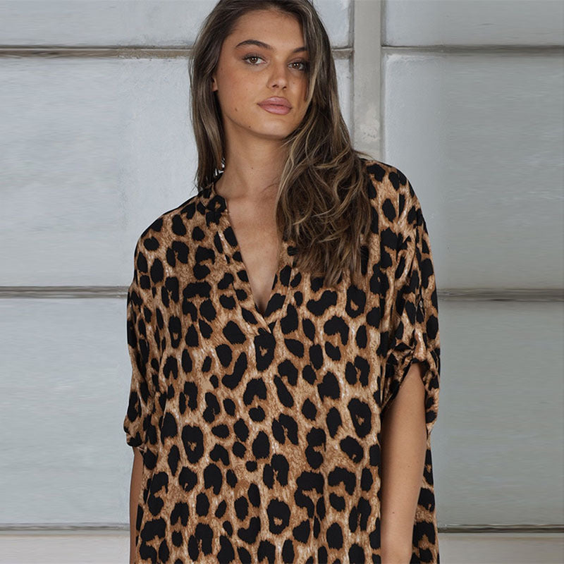 Ladies beach dress with elegant leopard pattern and modern cut Ivyshape