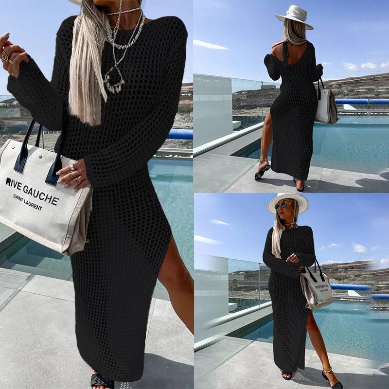 Women's crochet beach dress with deep slit and long cut Ivyshape