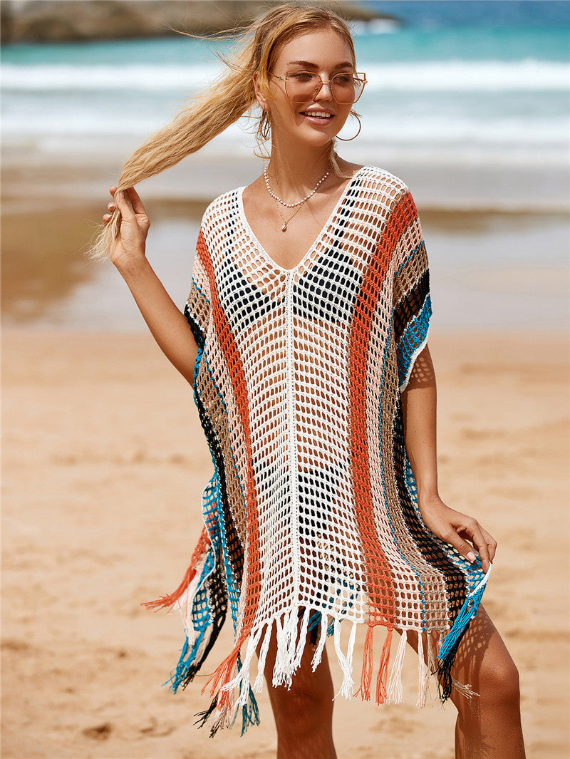 Women Airy Beach Tunic with Colorful Fringes and Mesh Design Ivyshape