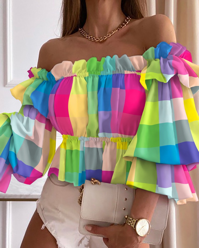 Women's Off-Shoulder Blouse with Voluminous Sleeves and Floral Pattern Ivyshape