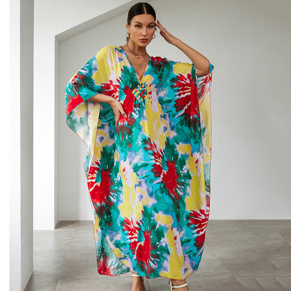 Ladies beach kaftan with elegant V-neck and colorful pattern Ivyshape