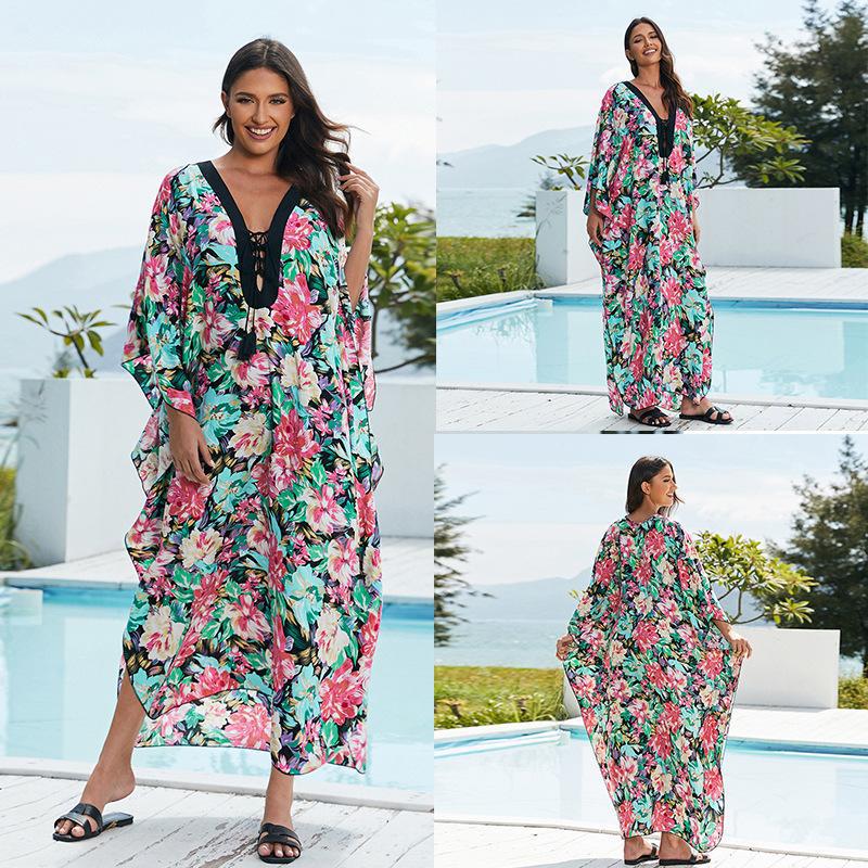 Women's beach kaftan with elegant floral design and wide silhouette Ivyshape