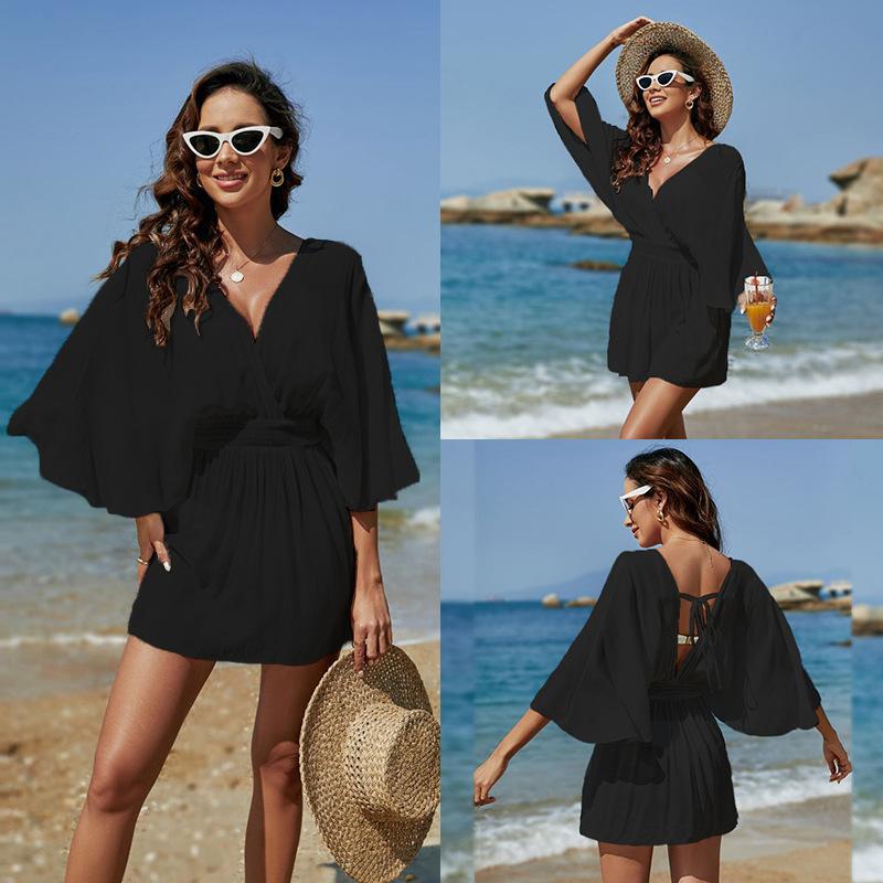 Women’s beach dress with voluminous sleeves and deep V-neck Ivyshape