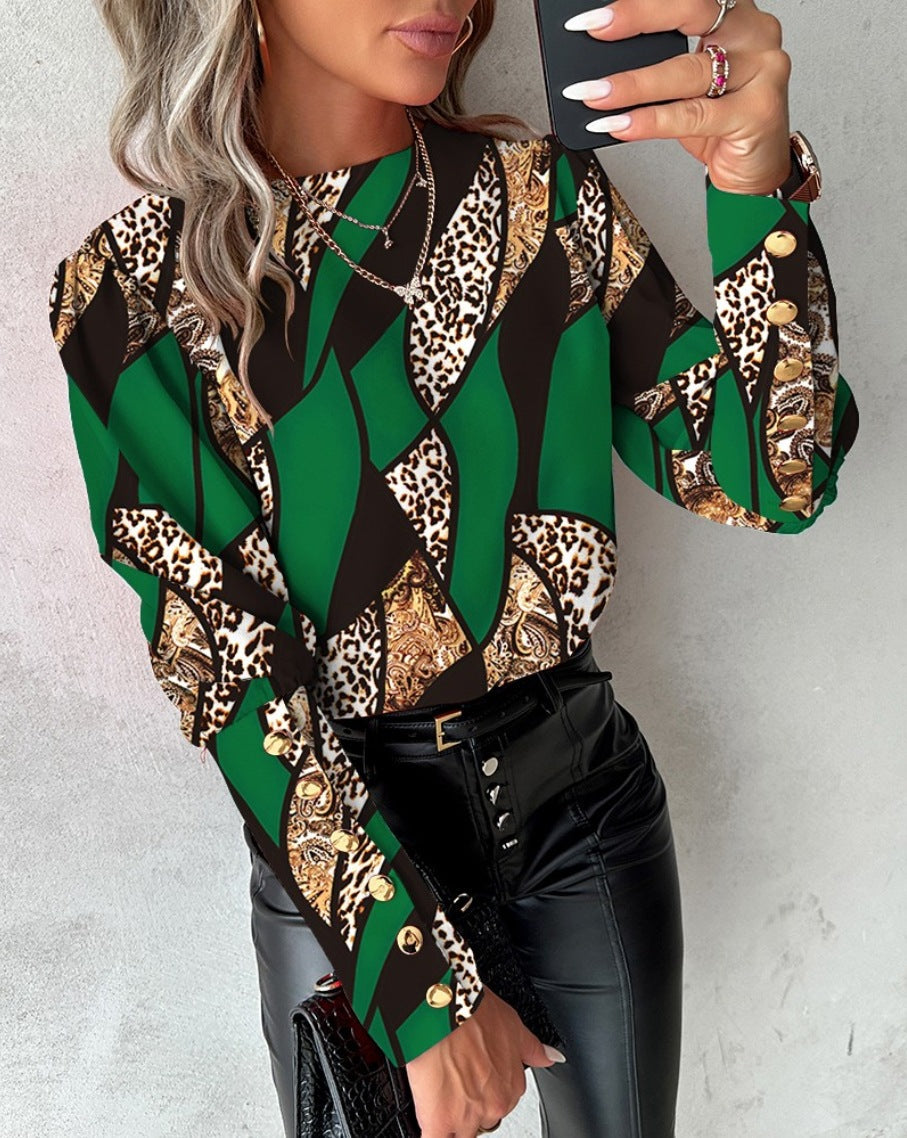 Ladies Fashionable Blouse with Unique Pattern and Golden Buttons Ivyshape