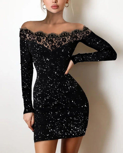 Women's sheath dress with lace neckline and glittering accents Ivyshape