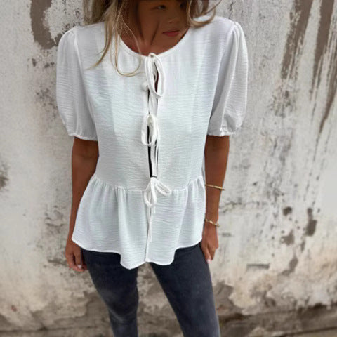 Ladies Ruffle Peplum Blouse with Tied Belt Ivyshape