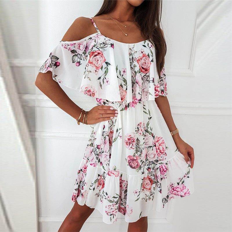 Ladies airy floral dress with off-shoulder sleeves and ruffle details Ivyshape
