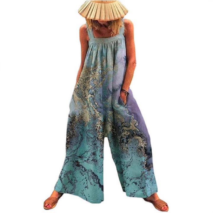 Ladies Art Print Wide-Leg Overall Ivyshape