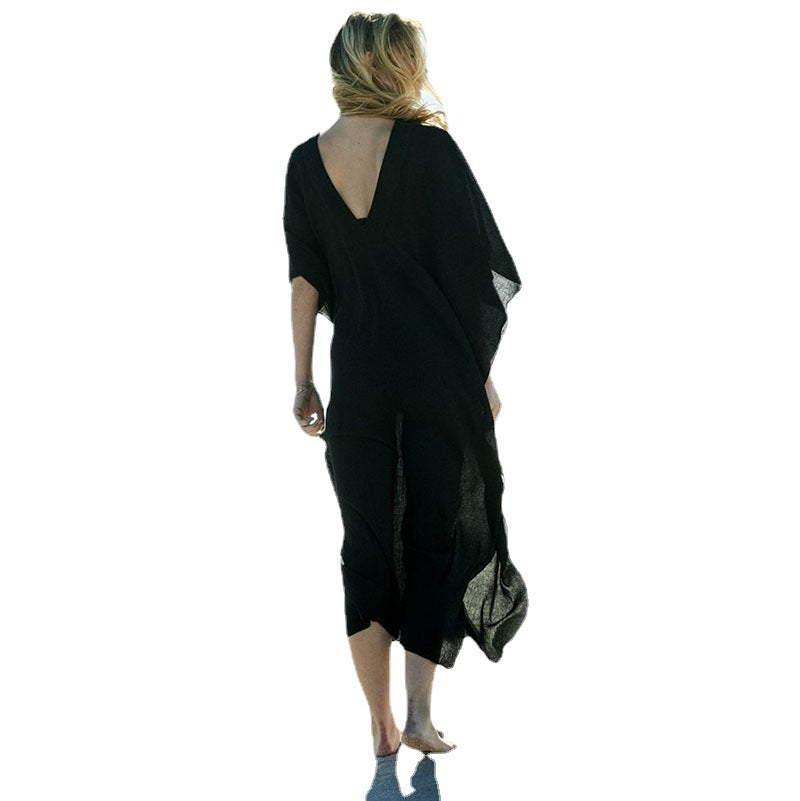 Women's airy beach cover-up with elegant V-neck and flowing coat style Ivyshape
