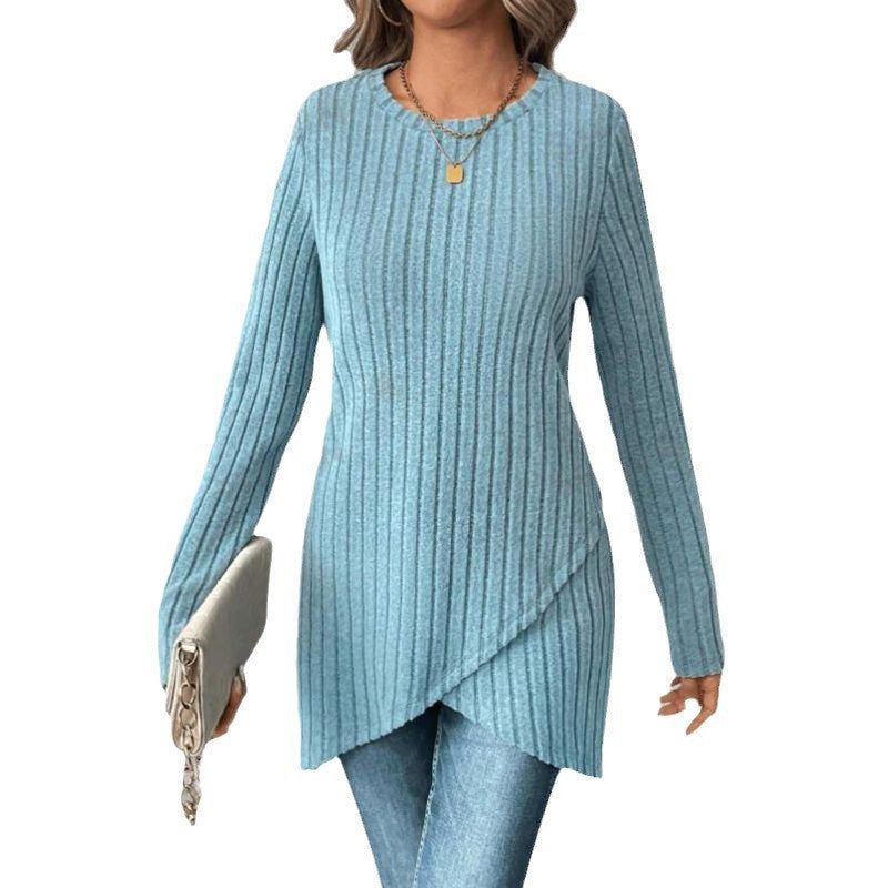 Ladies asymmetrical knitted top with ribbed structure Ivyshape