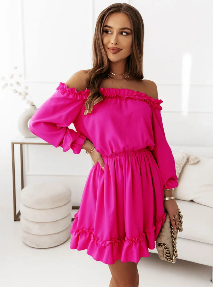 Women's Off-Shoulder Dress with Ruffle Details and Elastic Waist Ivyshape