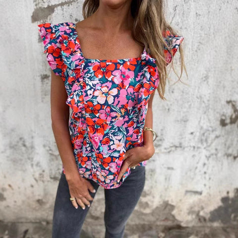 Women Flower Ruffle Sleeve Top Ivyshape