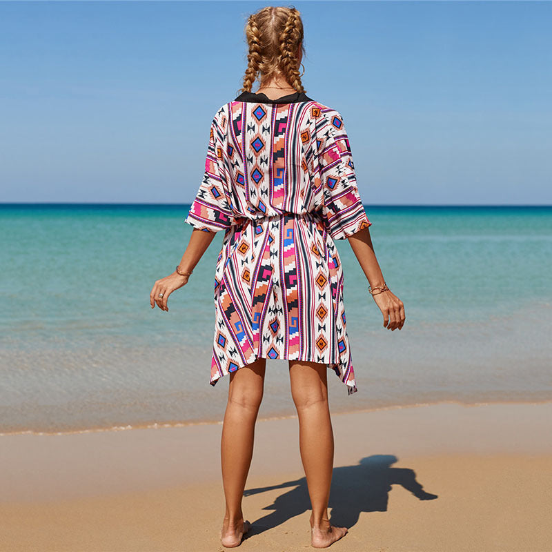 Women's trendy beach kimono with colorful geometric pattern Ivyshape