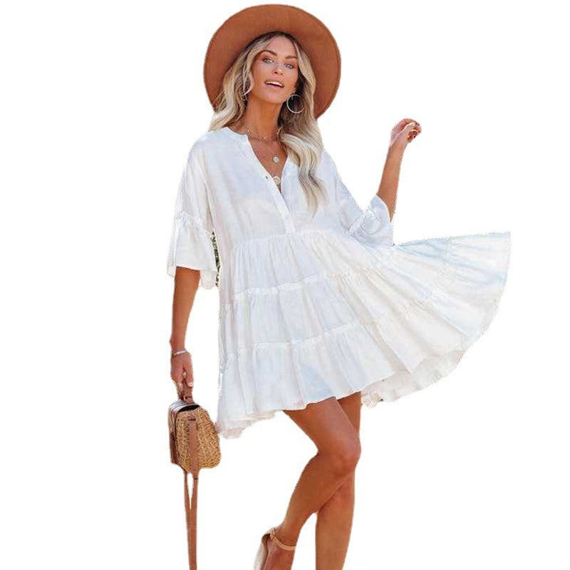 Ladies airy summer dress with ruffle details and button placket Ivyshape