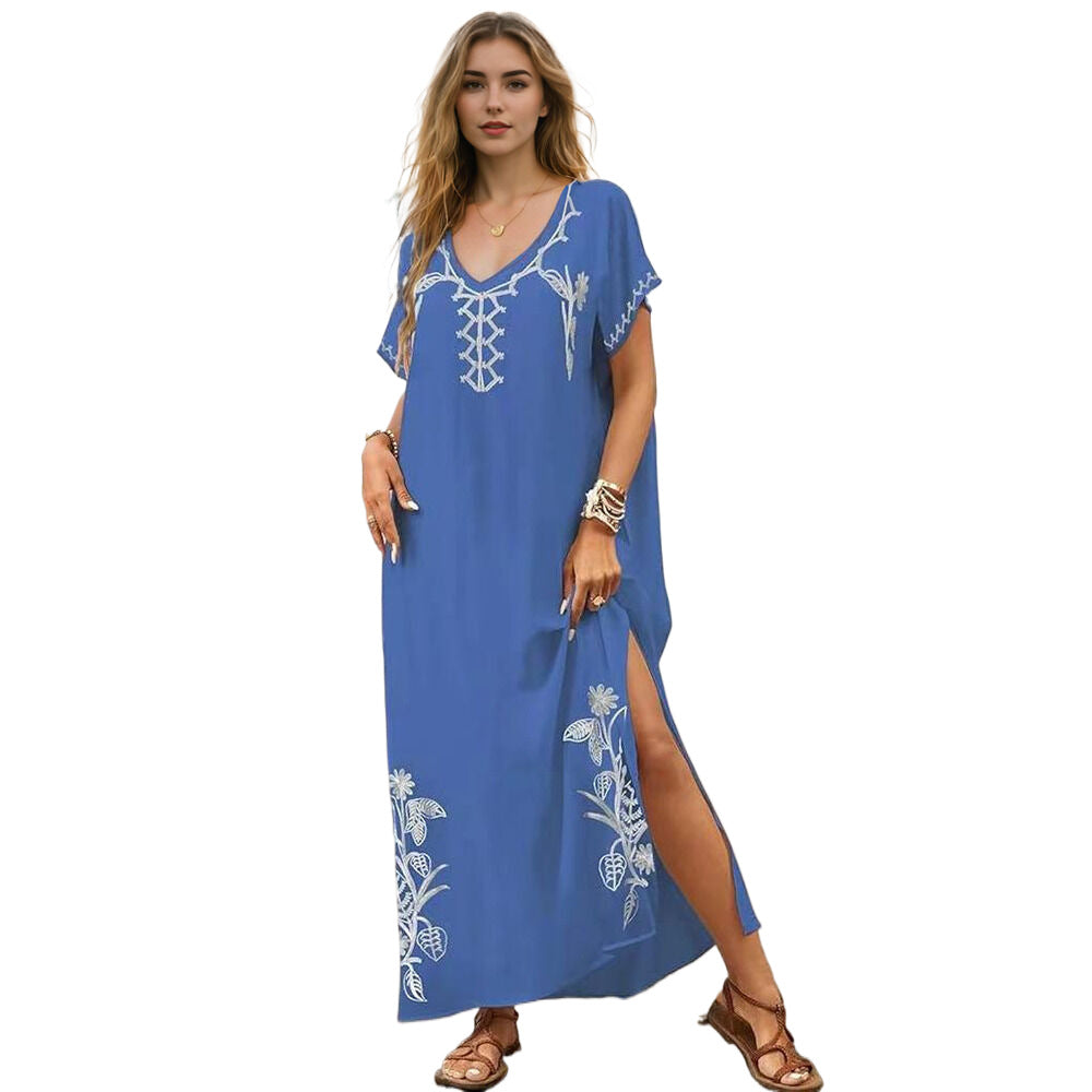 Women's beach dress with elaborate floral embroidery Ivyshape
