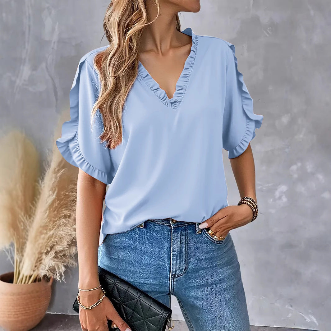 Ladies blouse with ruffle details and V-neck Ivyshape