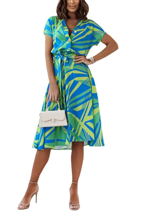 Women's maxi dress with modern geometric cut and waist belt Ivyshape