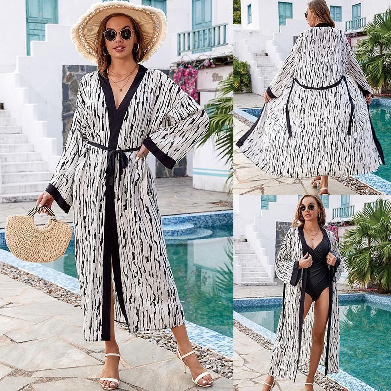 Ladies elegant beach kimono with sophisticated palm pattern and adjustable belt Ivyshape