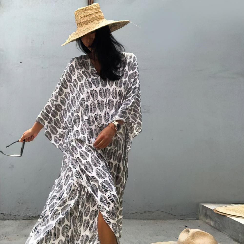 Women's maxi dress with elegant leaf pattern and wide cut Ivyshape