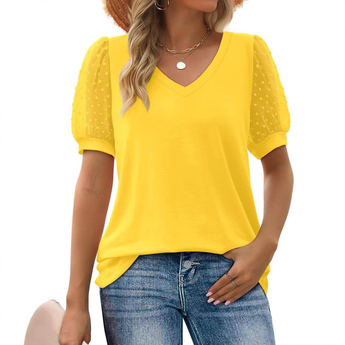 Women Elegant V-Neck Top with Transparent Puff Sleeves Ivyshape
