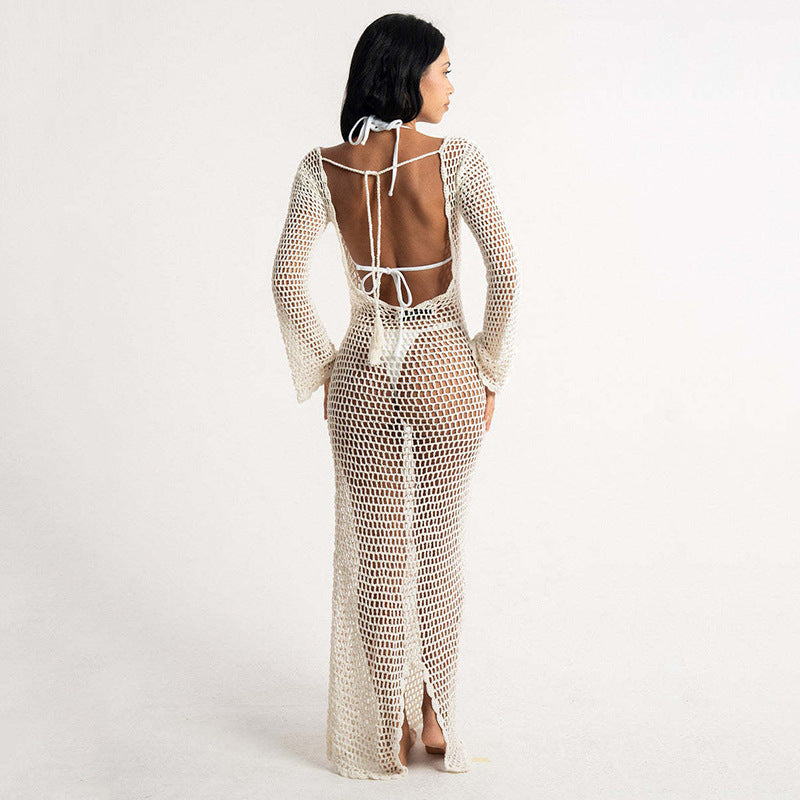 Women's Net Maxi Dress with Wide Flared Sleeves and Fitted Cut Ivyshape
