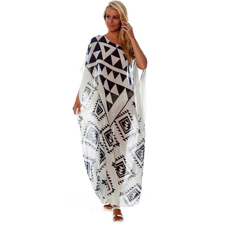 Ladies Maxi Beach Cover-up with Graphic Pattern and Side Slits Ivyshape