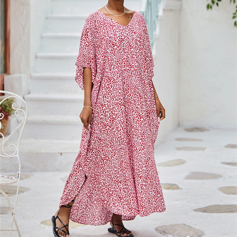 Ladies fashionable kaftan with animal motif and flexible tie band Ivyshape