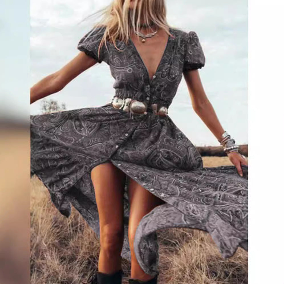 Ladies Maxidress with elegant puff sleeves and refined slit Ivyshape