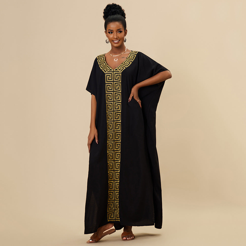 Ladies beach dress with elegant geometric embroidery and deep V-neck Ivyshape