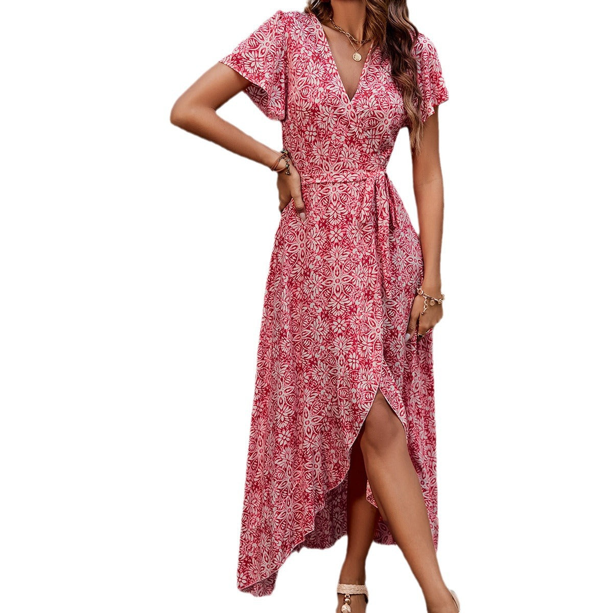 Women's maxi dress with high-cut hem and playful wrap detail Ivyshape