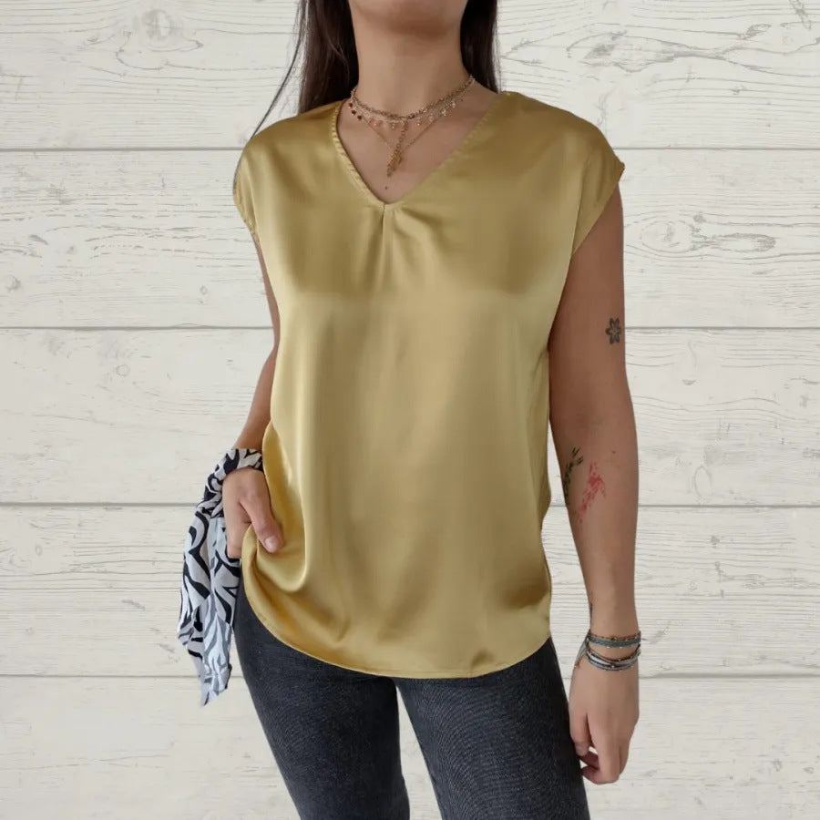Women Satin V-Neck Relaxed Top Ivyshape