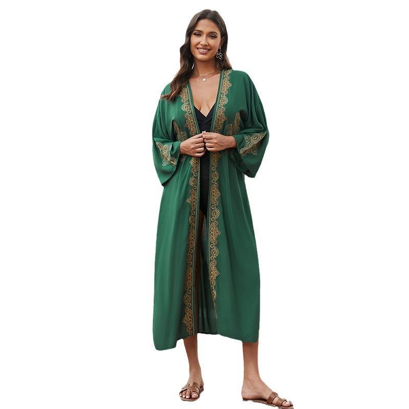 Ladies elegant beach kimono with intricate embroidery and deep V-neck Ivyshape