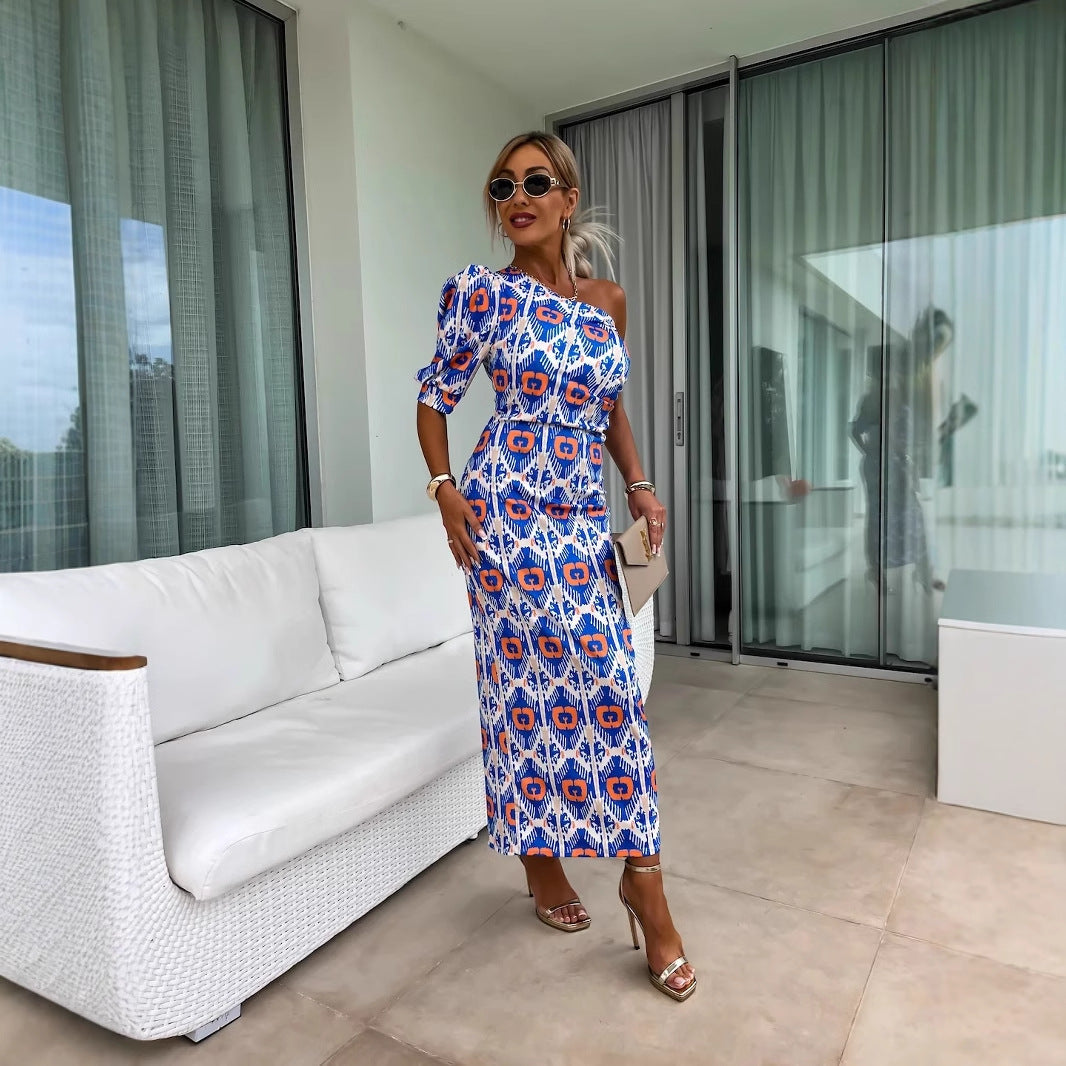 Women Elegant One-Shoulder Maxi Dress with Puff Sleeves and Striking Pattern Ivyshape