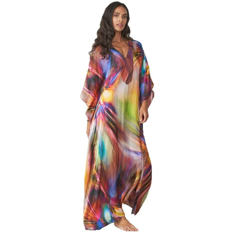 Ladies Maxi Beach Dress with Flowing Color Gradient and Loose Fit Ivyshape
